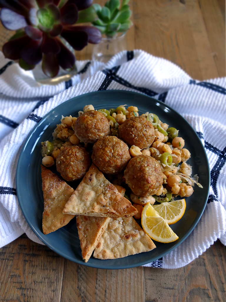 Sesame-Spiced Turkey Meatballs With Smashed Chickpea Salad