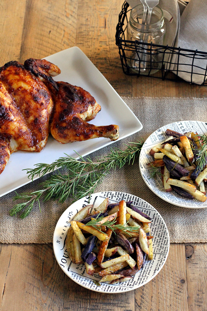 Spatchcocked Buffalo Chicken with Rosemary Oven Fries