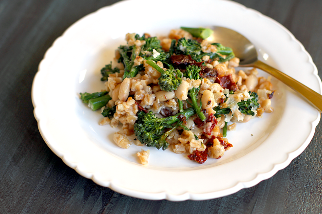 Baked Farro with Broccolini and White Beans_close
