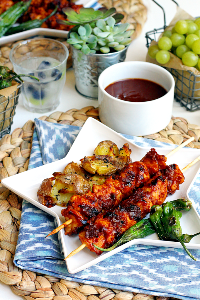 Grilled Chicken Kebabs, Smashed Potatoes and Blistered Shishito Peppers_close