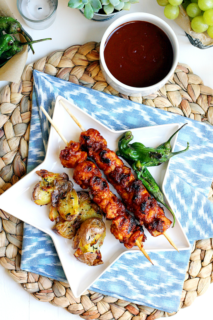 Grilled Chicken Kebabs, Smashed Potatoes and Blistered Shishito Peppers_top