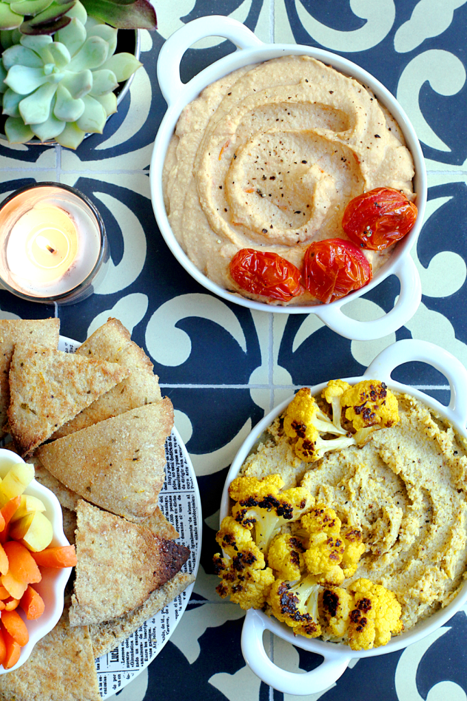 Roasted Tomato Hummus and Roasted Cauliflower Hummus