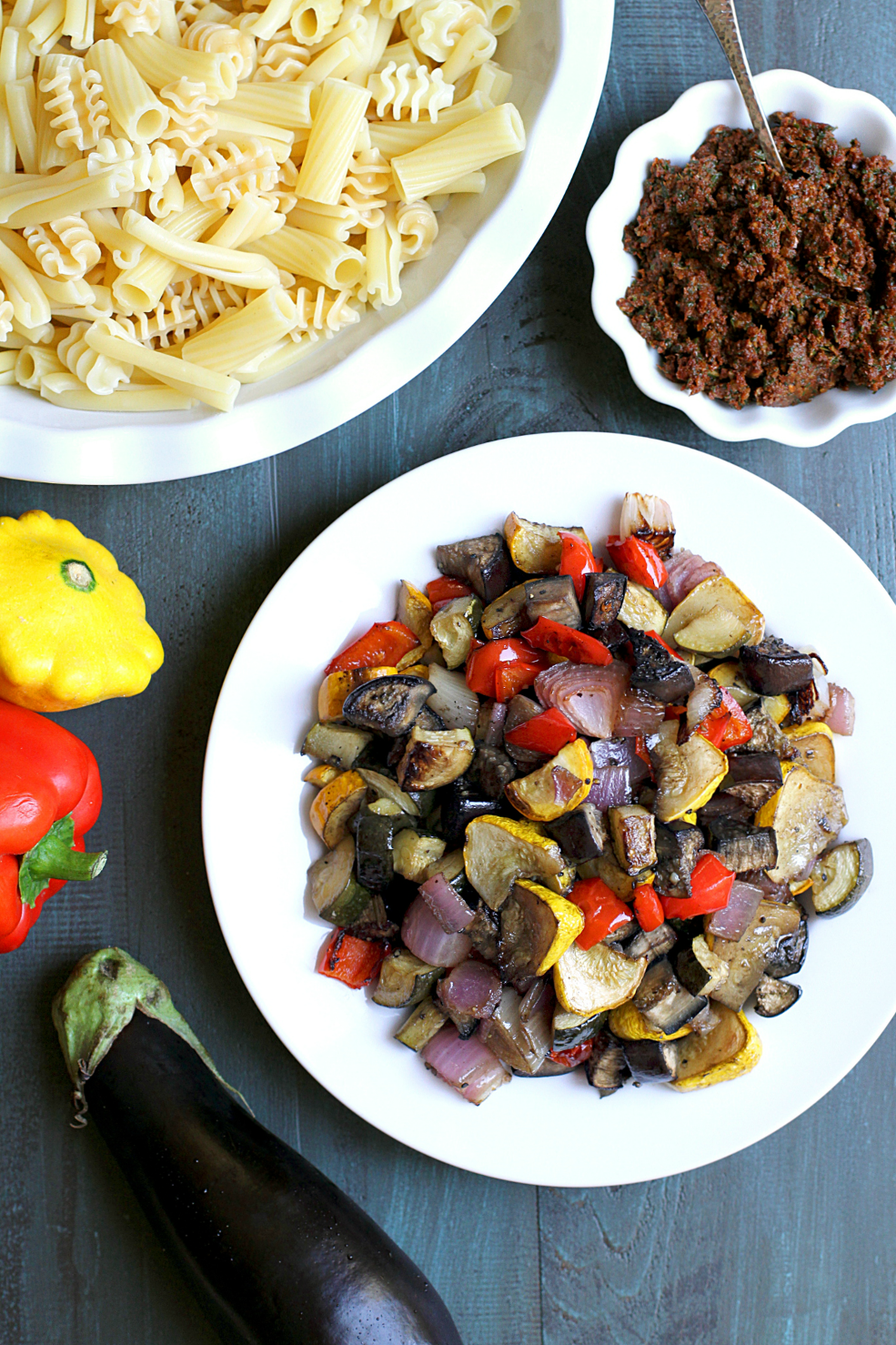 Pasta with Roasted Vegetables and Sun-Dried Tomato Pesto_prep