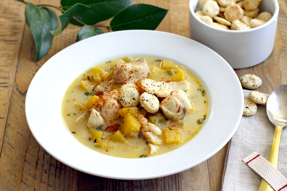 Acorn Squash and Cod Chowder with Homemade Oyster Crackers_close