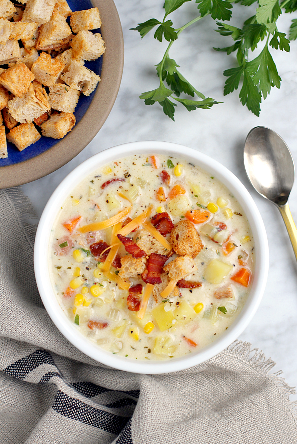 Image of bacon, cheese and corn chowder.