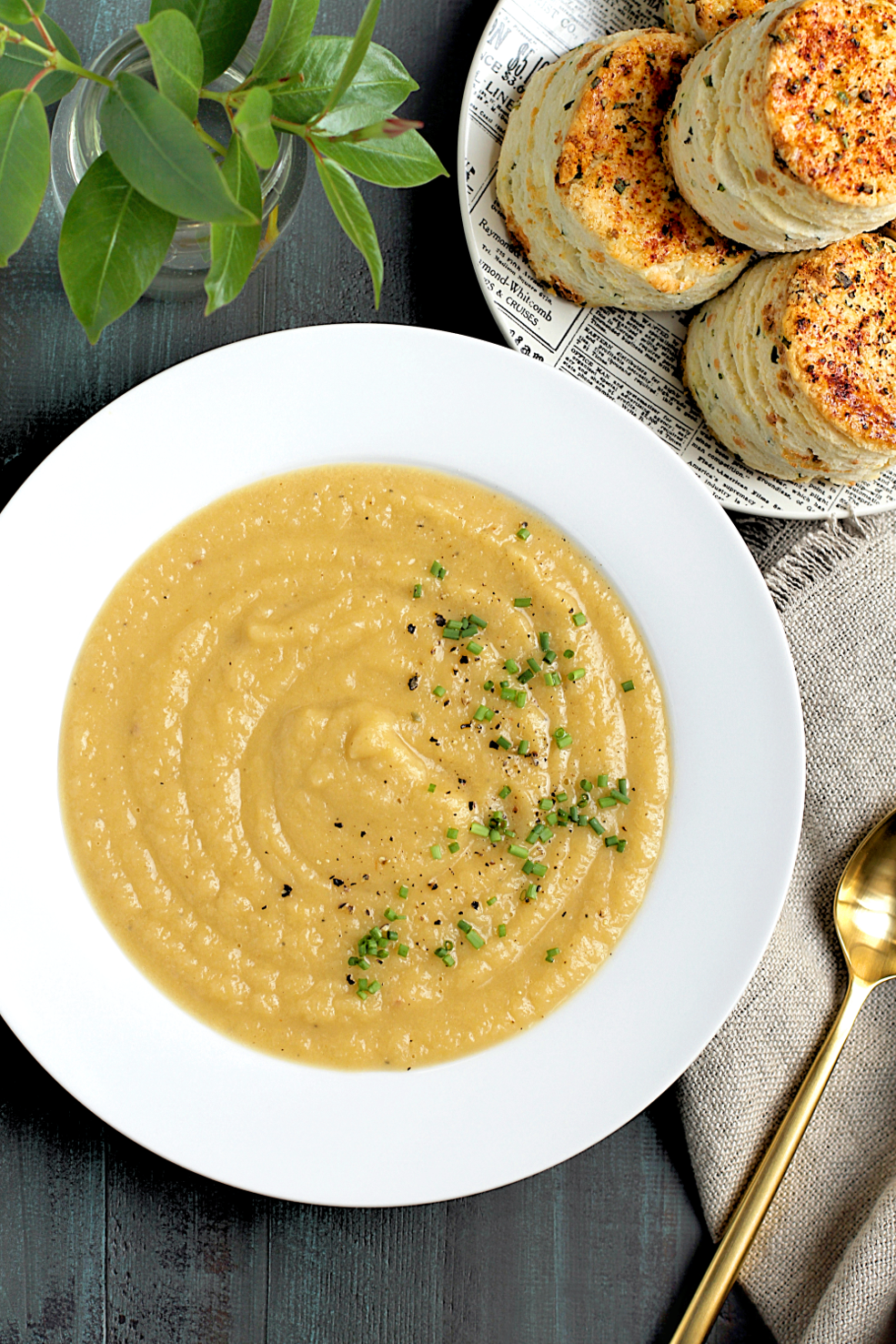 Close-up image of brown butter leek and turnip soup.