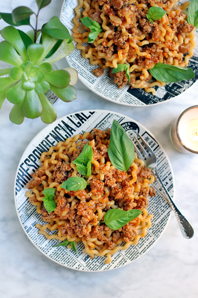 Image of spicy-sweet sambal pork noodles.