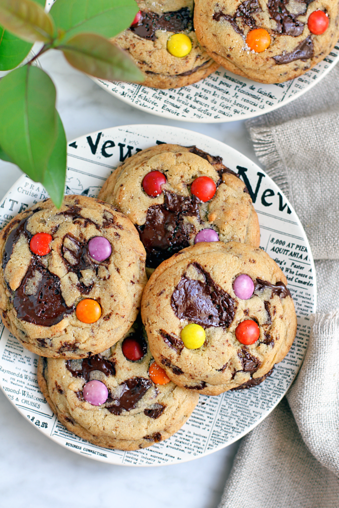 Close-up image of tahini chocolate chunk cookies.