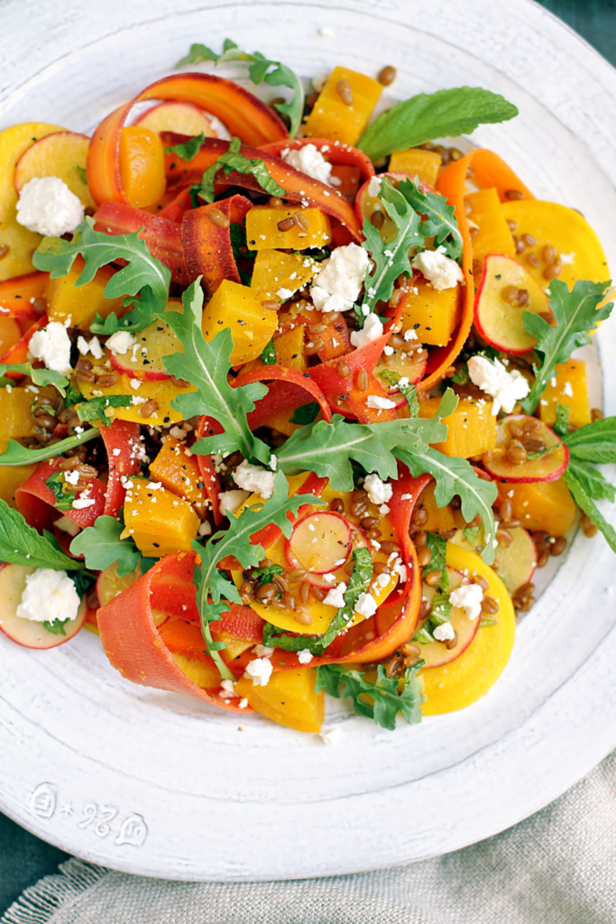 Close-up image of beet and carrot salad.