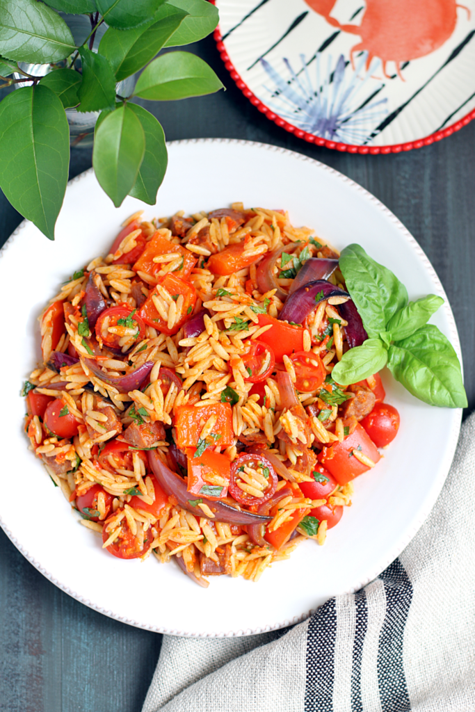 Image of andouille and bell pepper orzo pasta salad.