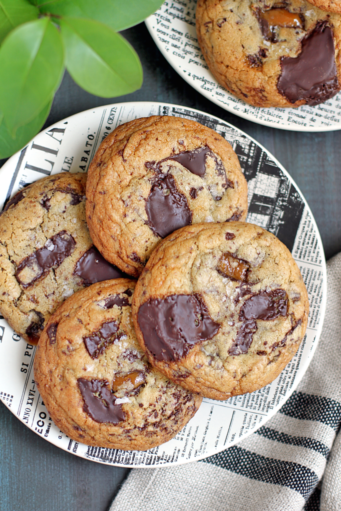 Close-up image of toffee chocolate chunk cookies.