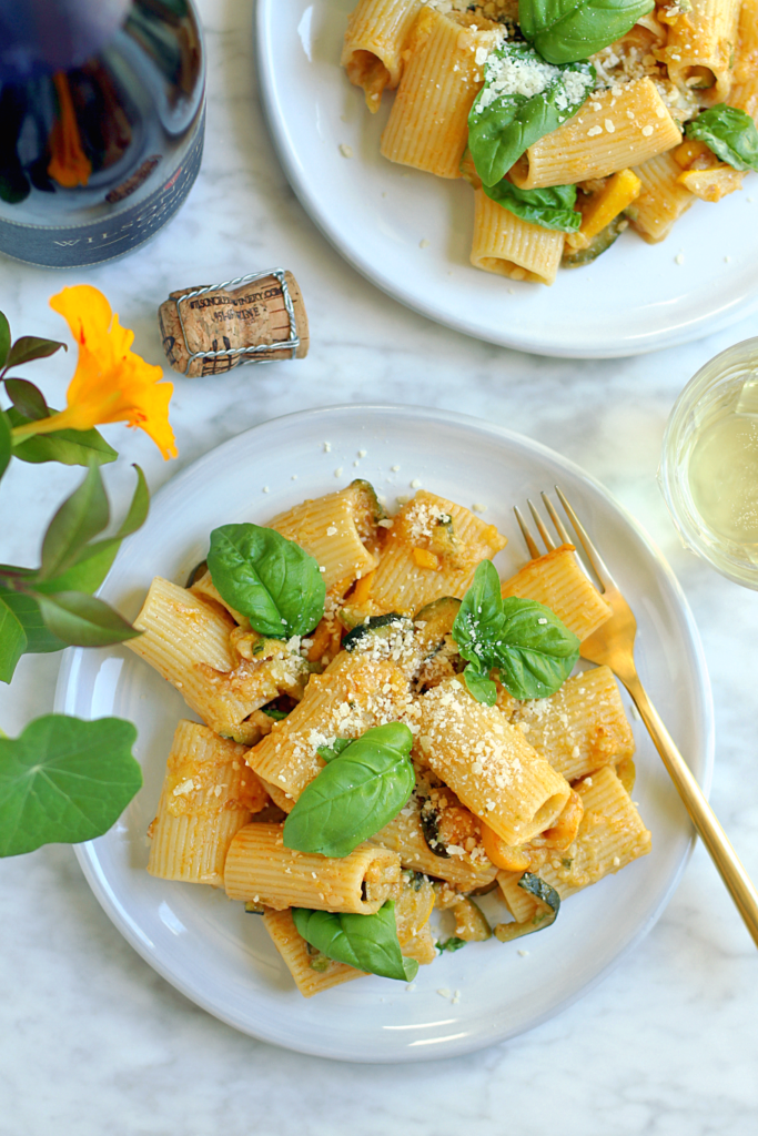 Image of Wilson Creek Brut Sparkling Wine with summer squash and basil pasta.