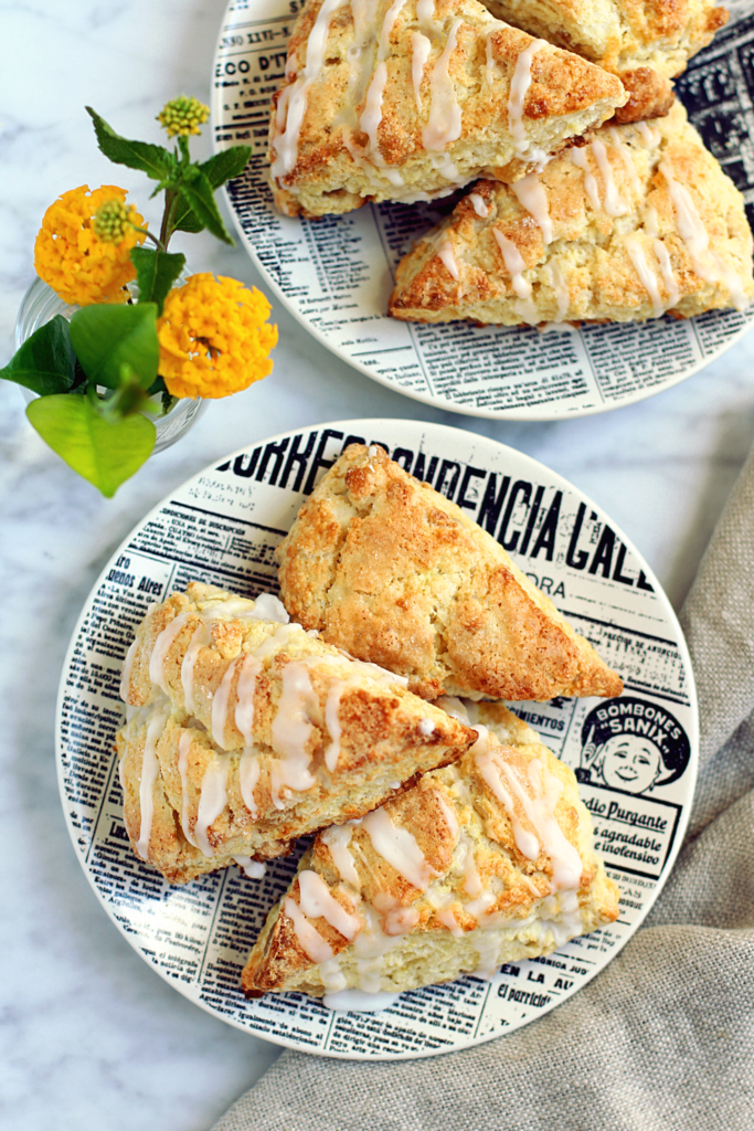Image of lemon ricotta scones with crystallized ginger from the top.