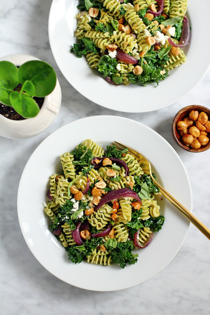 Image of pasta with kale and hazelnut pesto.