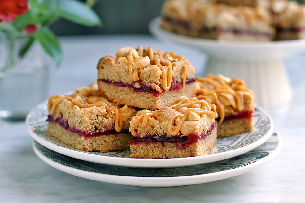 Close-up image of peanut butter and cranberry jam bars.