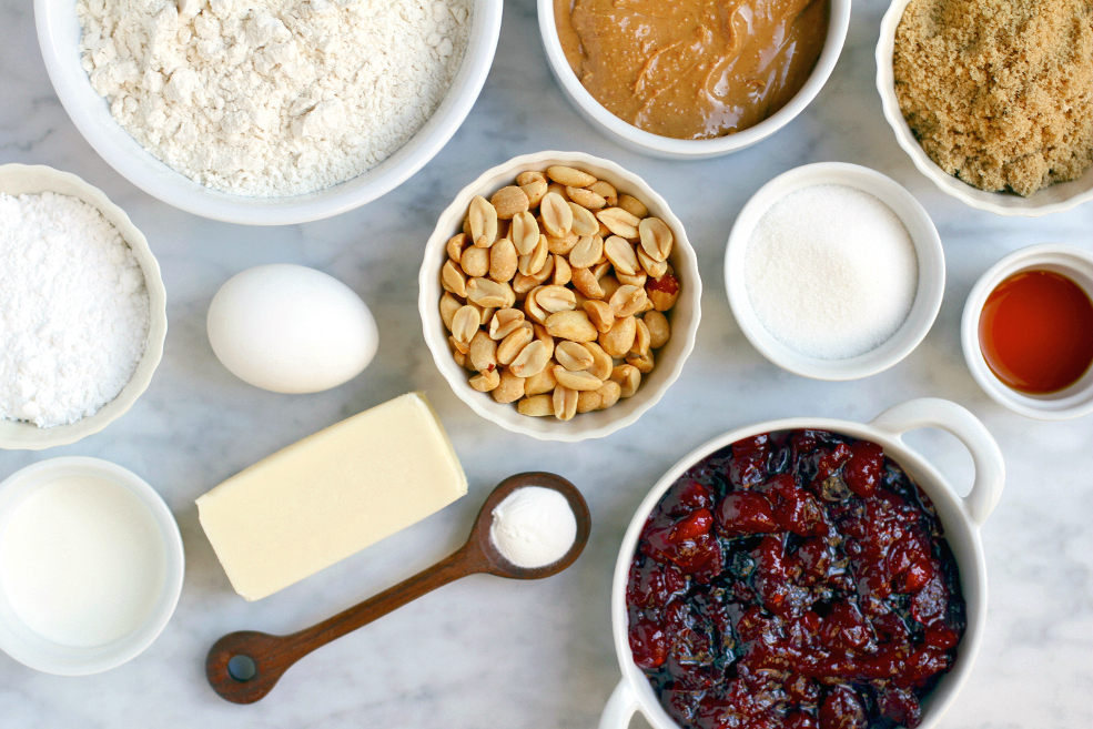 Image of ingredients for peanut butter and cranberry jam bars.