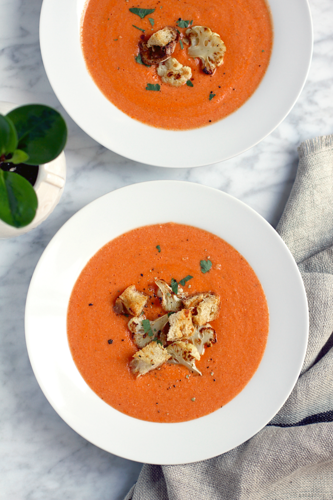 Image of roasted bell pepper and cauliflower soup.