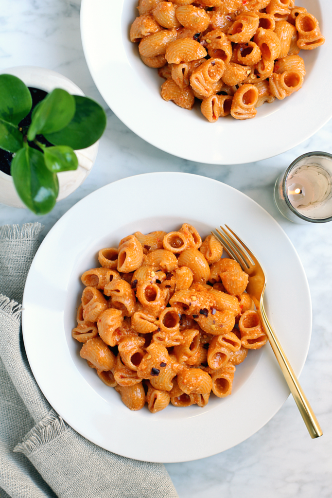 Image of pasta with red pesto.