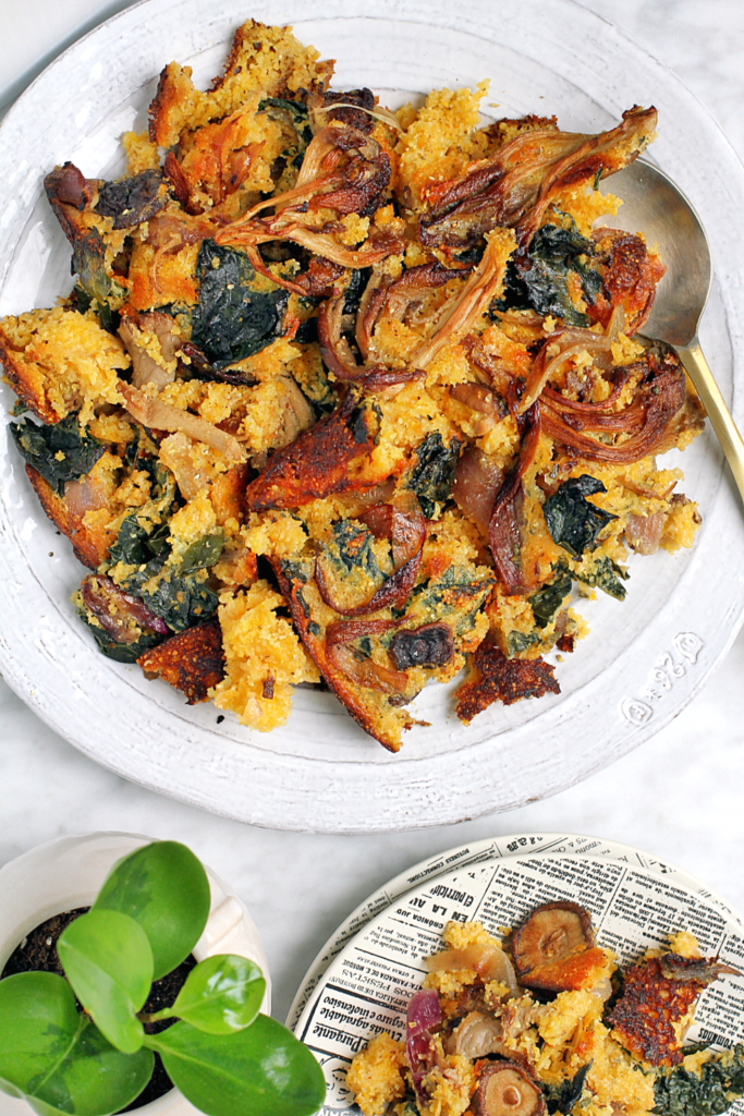 Image of one-pan mushroom cornbread stuffing.