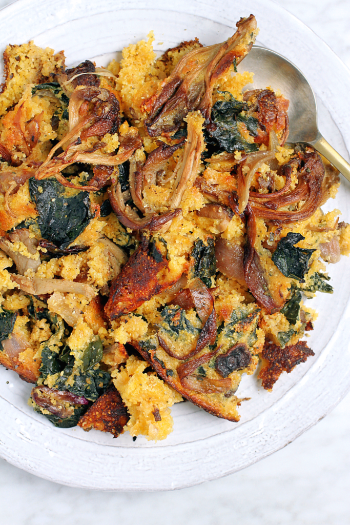 Close-up image of one-pan mushroom cornbread stuffing.