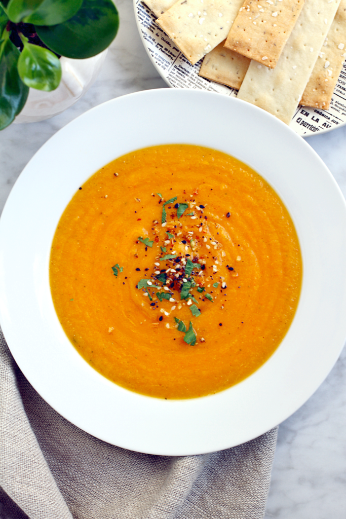 Close-up image of souped-up roasted butternut squash soup.