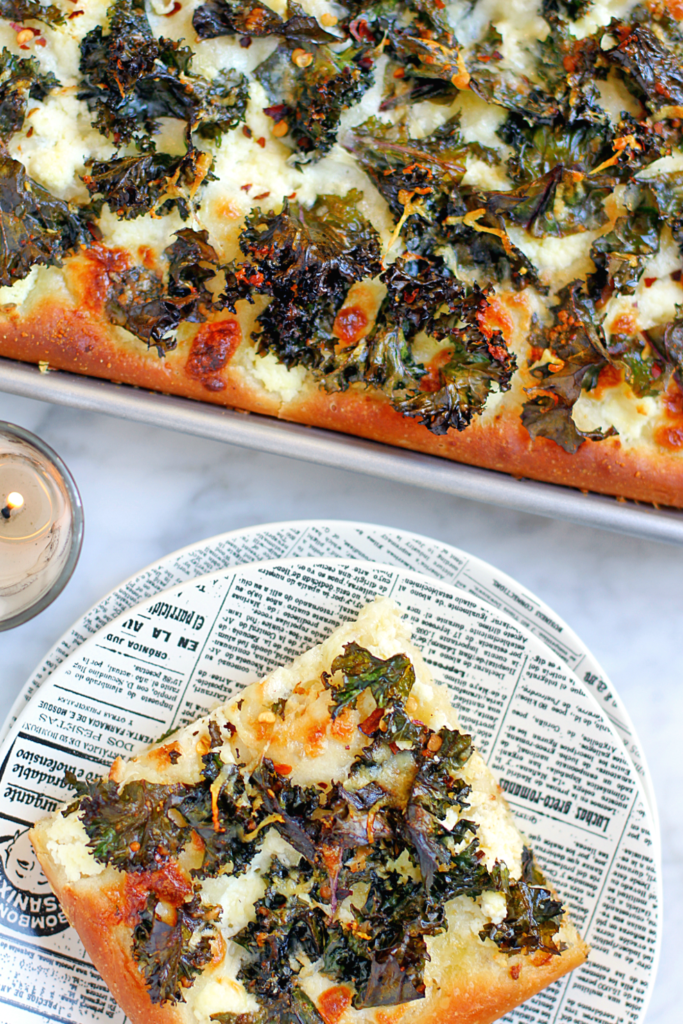 Close-up image of spicy kale and ricotta grandma pie.