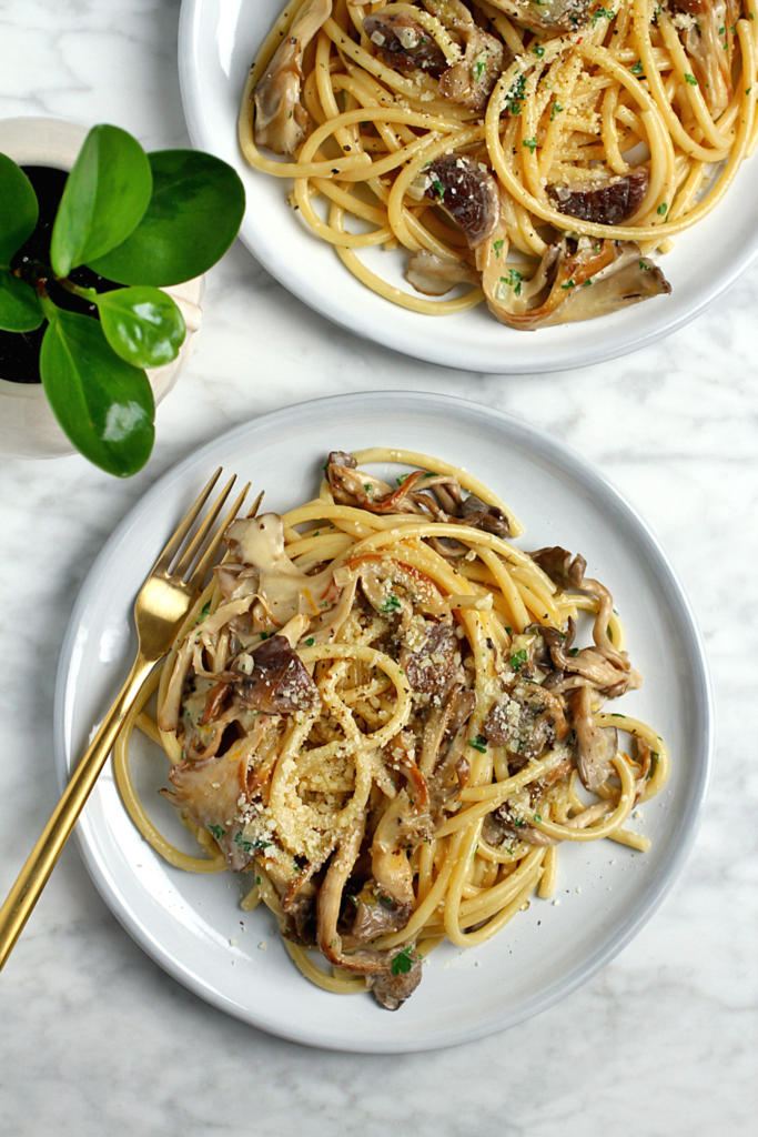 Image of creamy pasta with mushrooms.