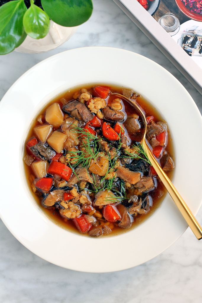 Close-up image of dried mushroom and barley soup.