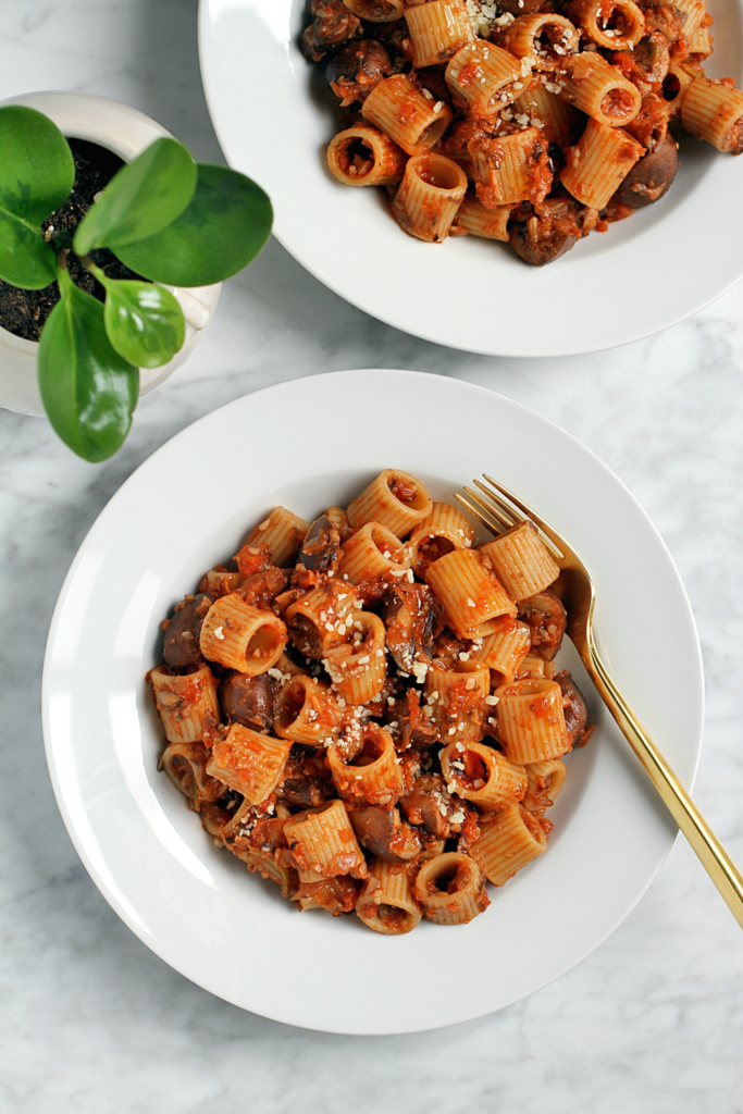 Image of pasta with charred vegetable ragù.
