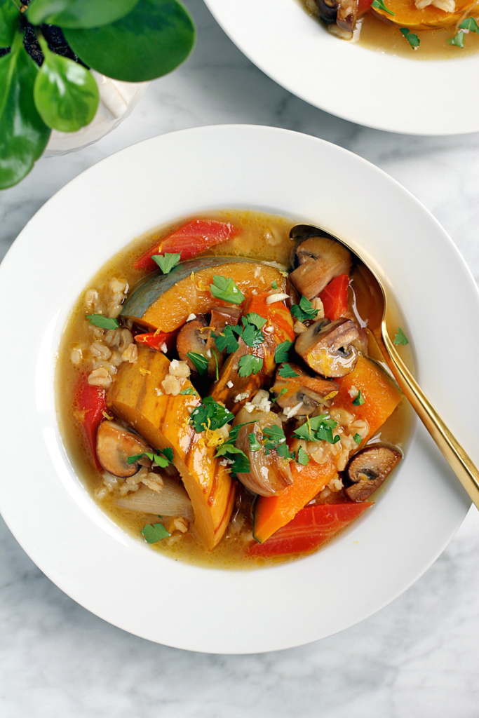 Close-up image of squash au vin.