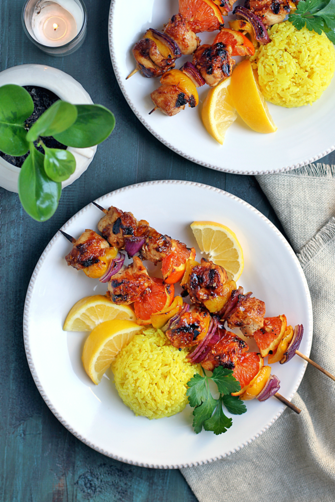 Image of Hawaiian chicken kebabs with turmeric coconut rice.