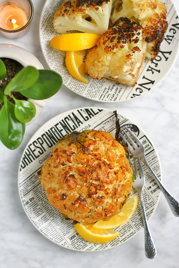 Image of whole roasted cauliflower from the top.