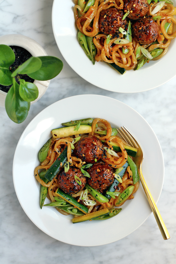 Image of hoisin-turkey meatballs with udon noodles.