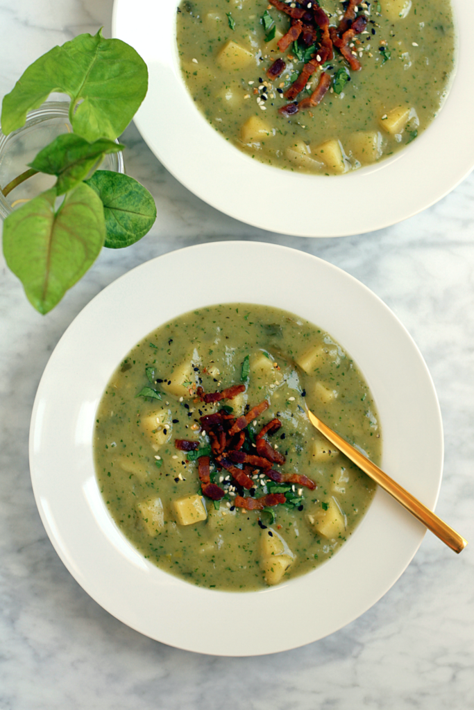 Image of creamy potato, leek and celery soup.