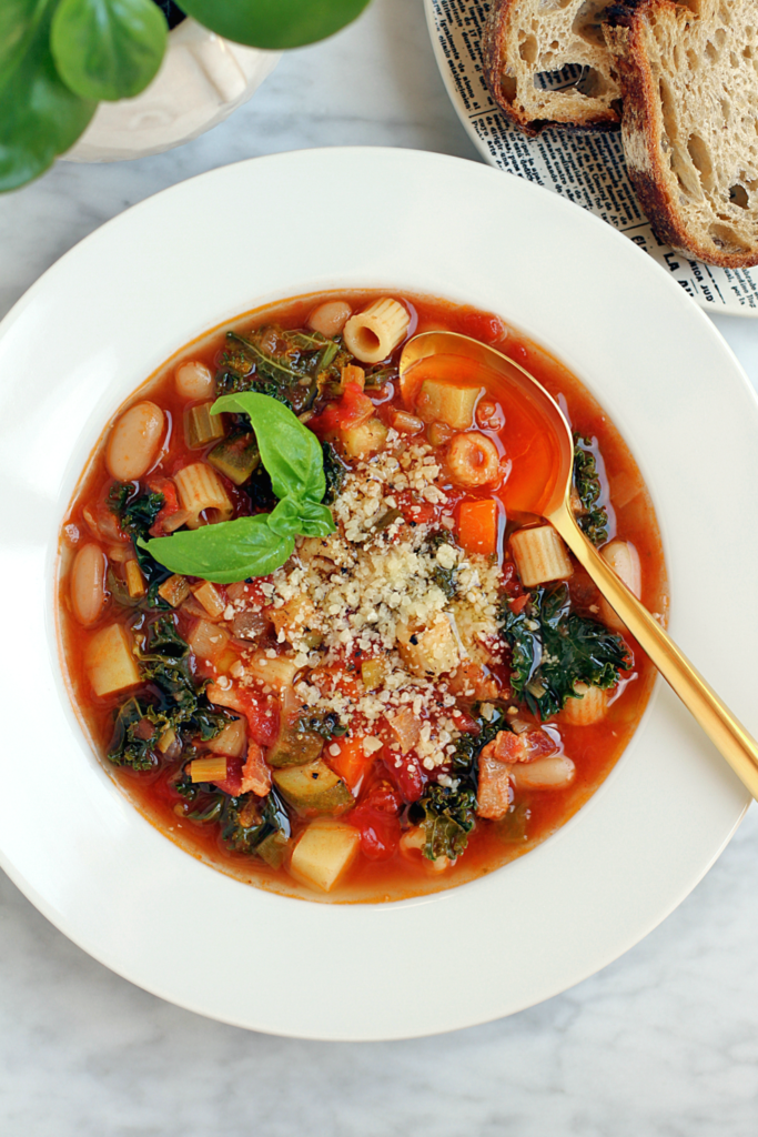 Close-up image of easy minestrone soup.