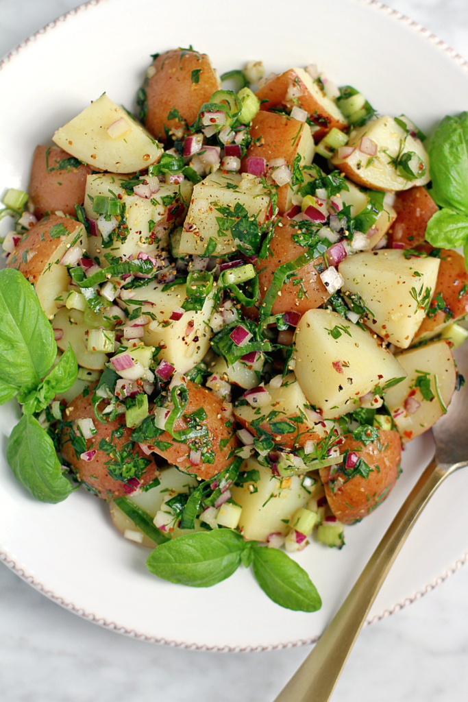 Close-up image of no-mayo potato salad.