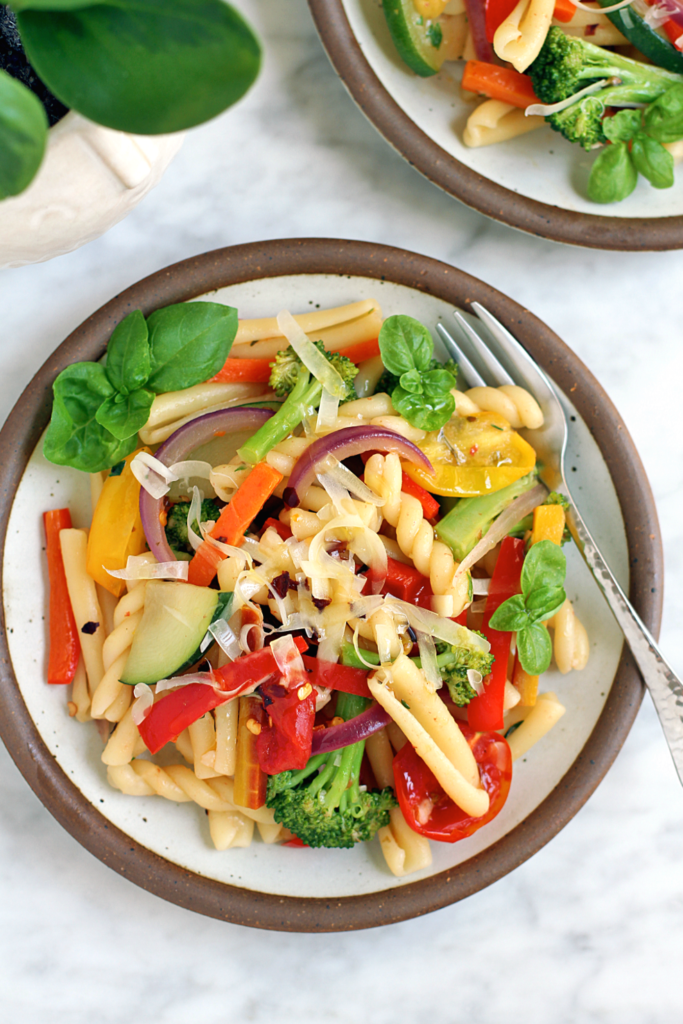 Close-up image of pasta primavera.