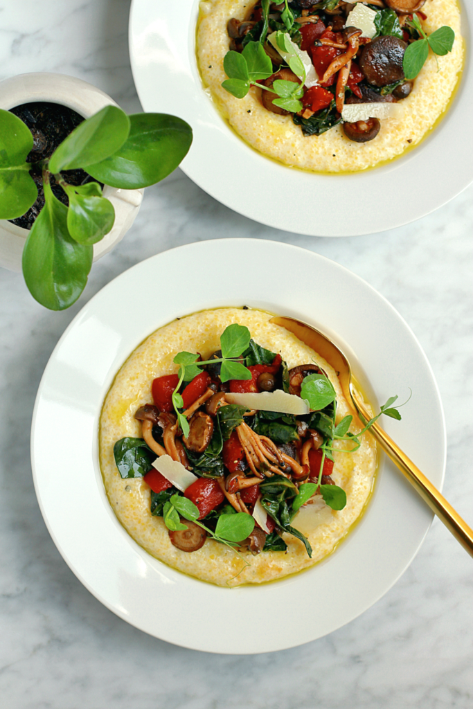 Image of creamy polenta with collard greens and mushrooms.