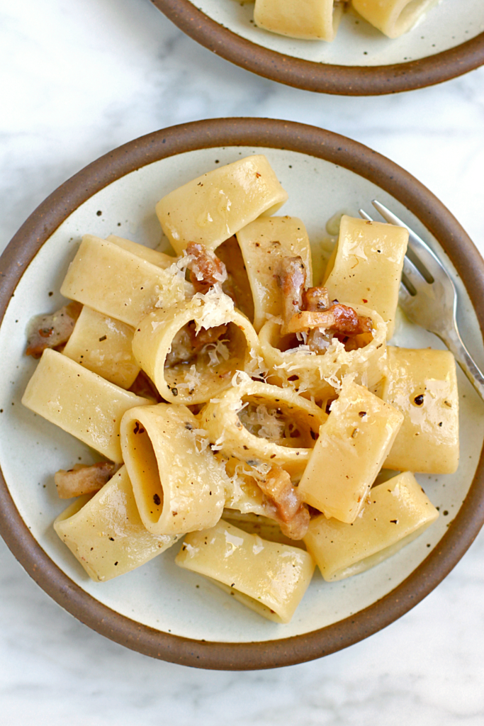 Close-up image of pasta alla Gricia.