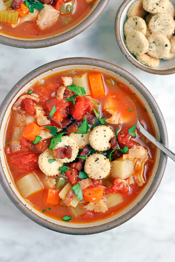 Close-up image of Manhattan clam chowder.