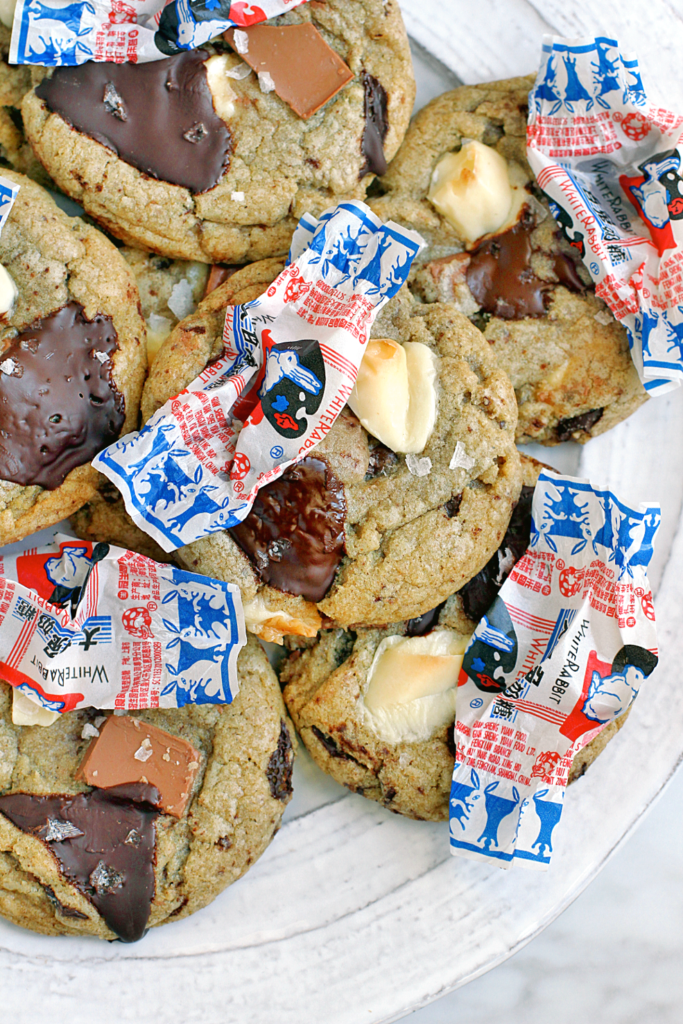 Close-up image of White Rabbit and rye chocolate chips cookies.