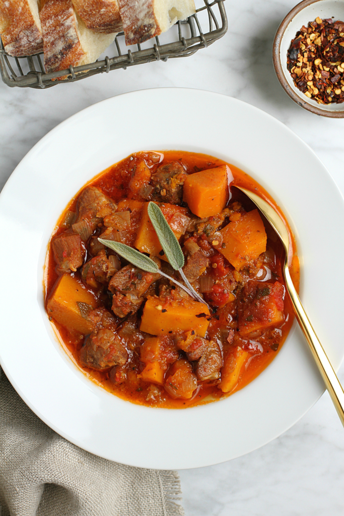 Close-up image of pork and squash stew.