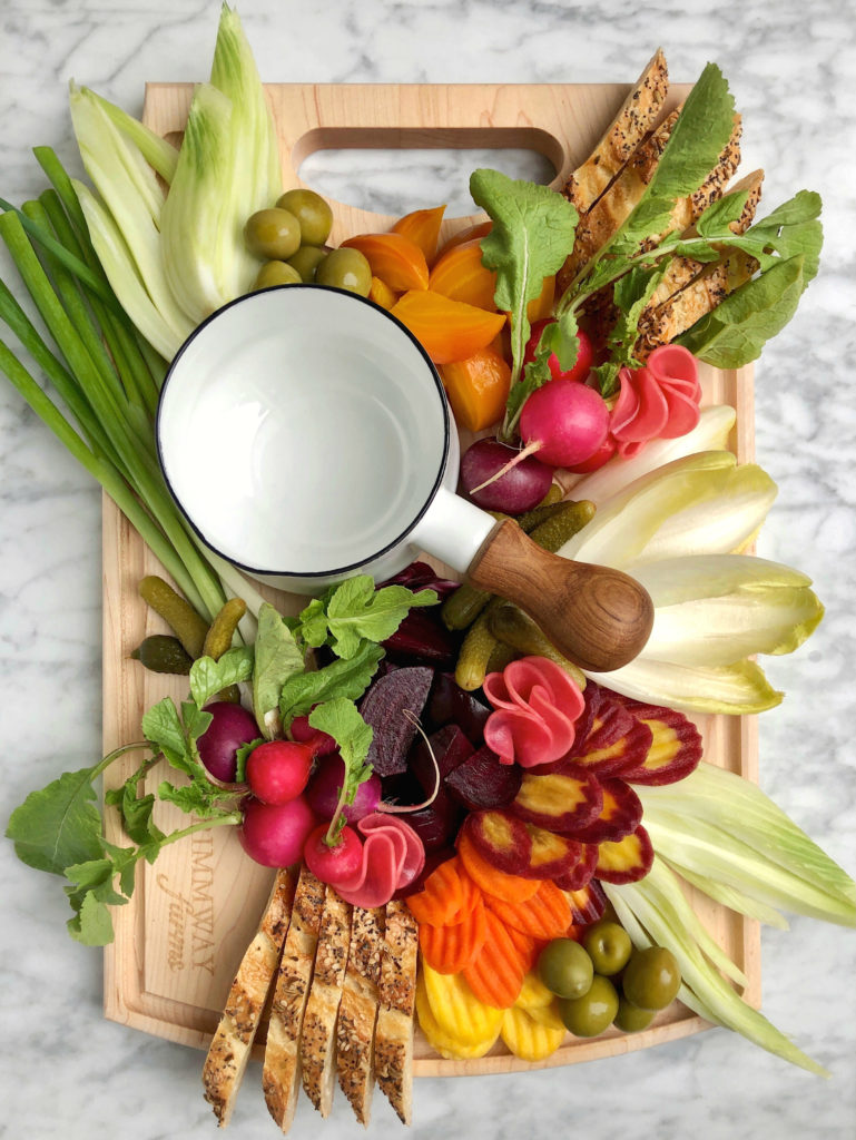 Image of pickles for bagna càuda and crudité platter.