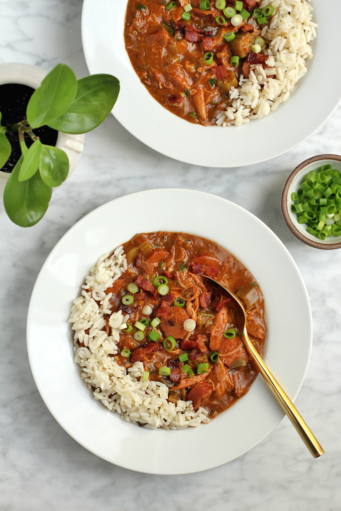Image of chicken gumbo with andouille sausage.