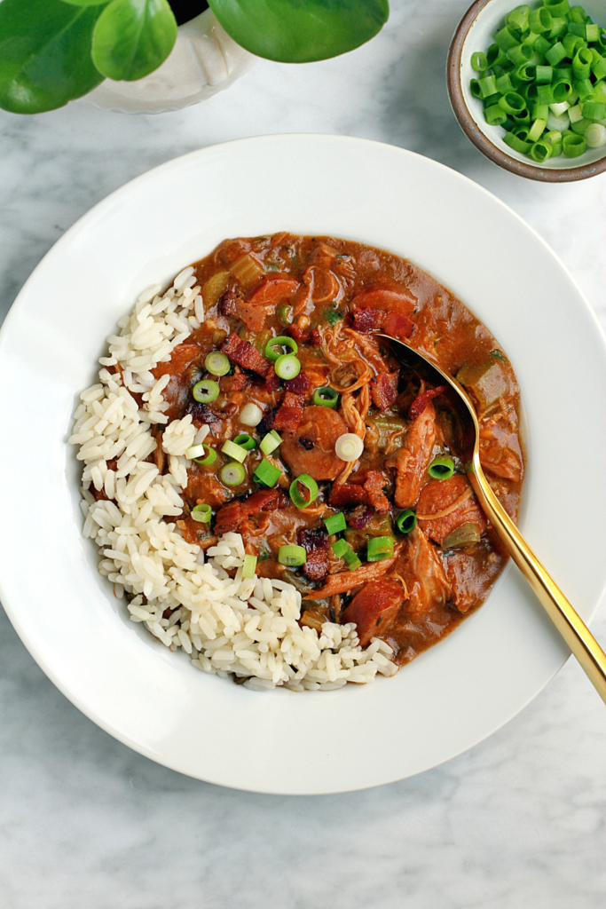 Close-up image of chicken gumbo with andouille sausage.