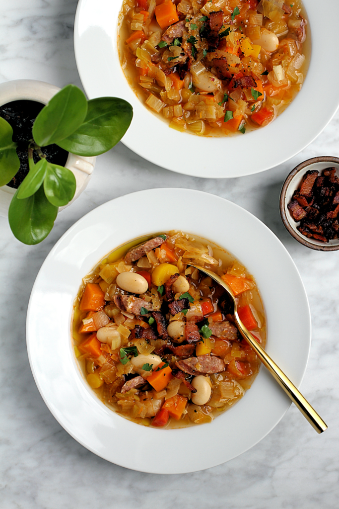 Image of kielbasa and sauerkraut soup.