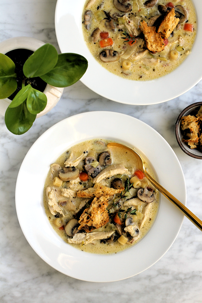 Image of creamy chicken and mushroom soup.