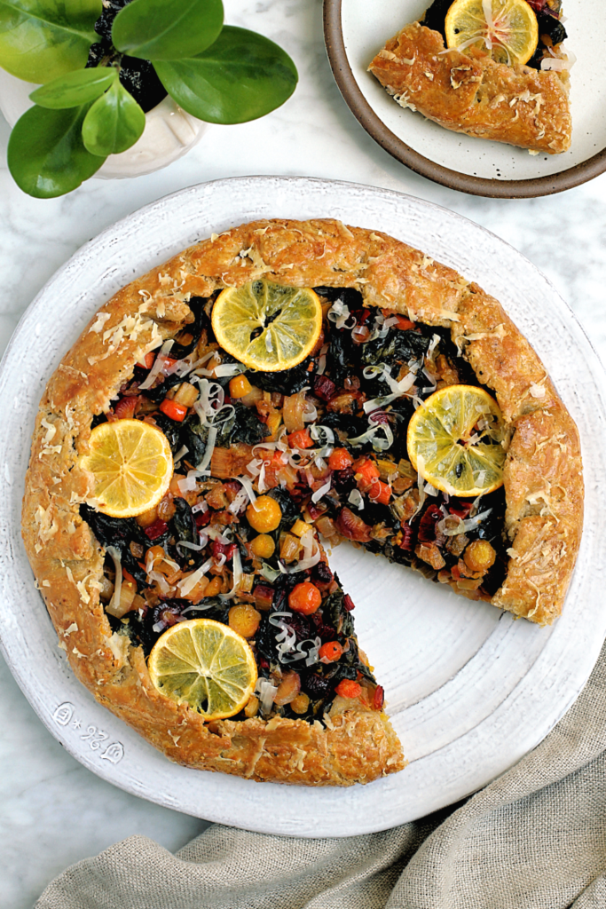 Image of Meyer lemon galette with carrots, chard and butternut squash mash.