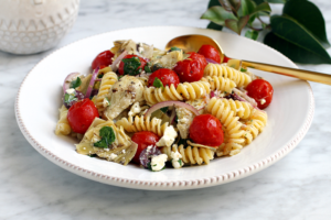 Image of zesty Mediterranean pasta salad.