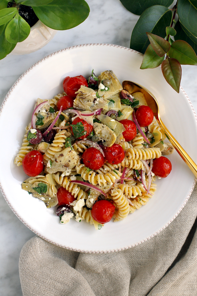 Image of zesty Mediterranean pasta salad from the top.
